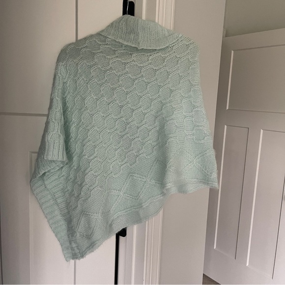 Wooden Ships Teal Green Poncho Sweater Turtleneck Open Knit Wool - Picture 4 of 4